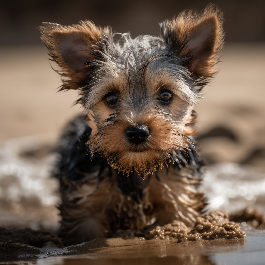 cute yorkie puppy playing in the mud