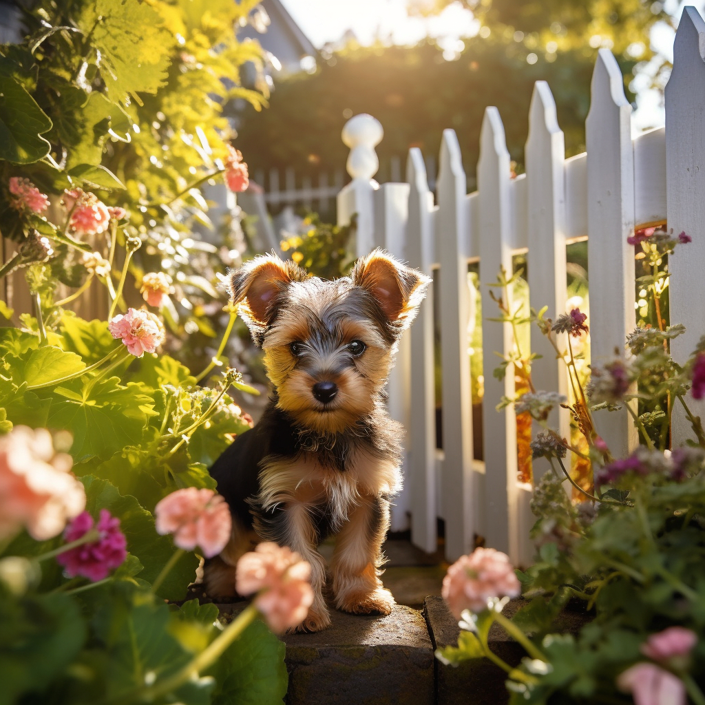 cute yorkie puppy sitting by the garden outside with a white fence