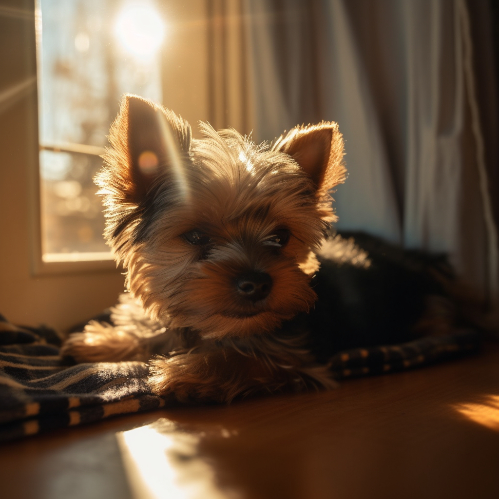 cute yorkshire terrier puppy laying by a window with the sun shining