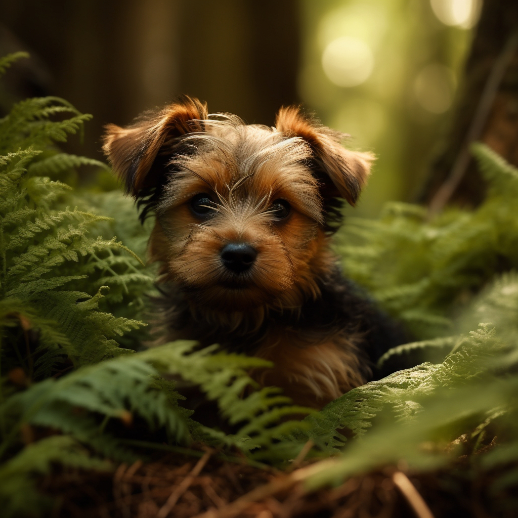 yorkshire terrier puppy image playing in the green plants outside