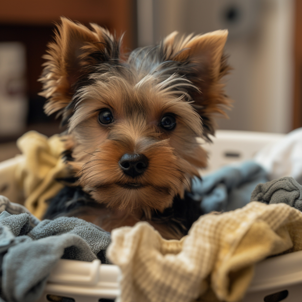 picture of a yorkshire terrier in a laundry basket