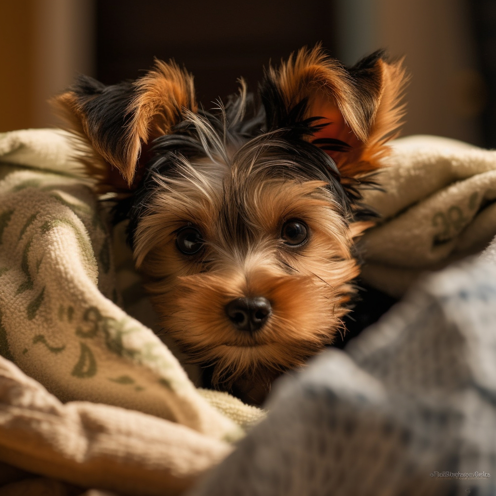 cute yorkshire terrier picture of a puppy snuggled up in blankets