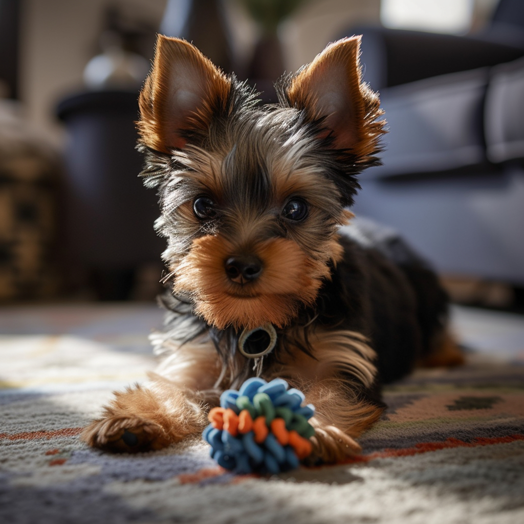 super cute yorkie puppy playing with a chew toy