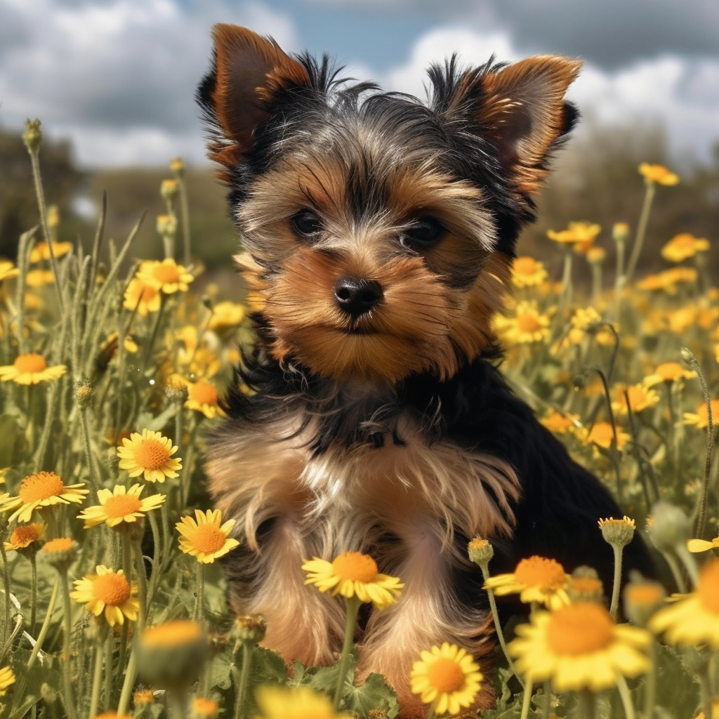 beautiful photo of a young yorkshire terrier pup sitting in a field of yellow flowers