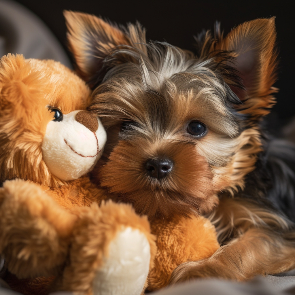 super cute yorkshire terrier puppy snuggled up with a stuff teddy bear animal