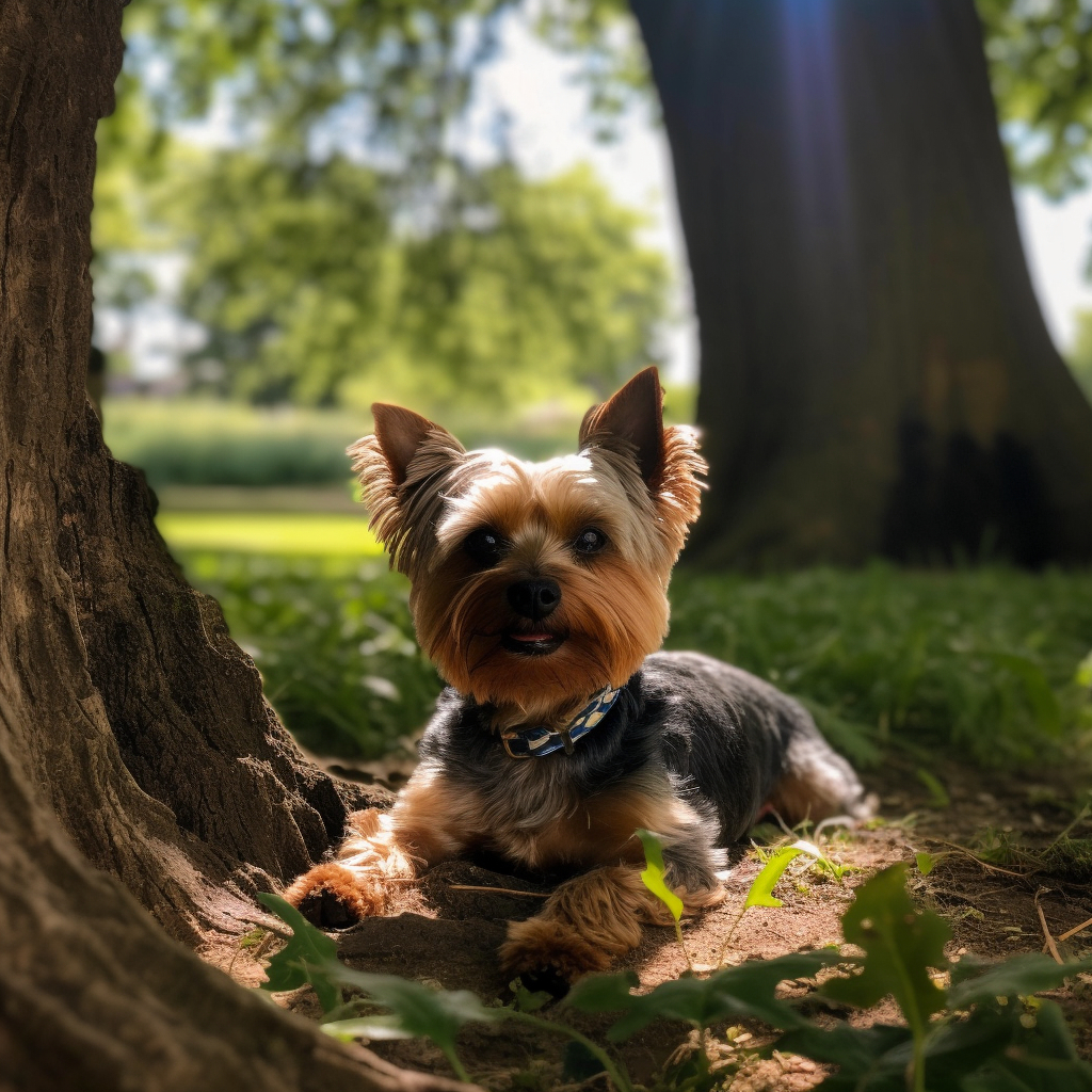 a yorkie picture laying down by a tree in the back yard