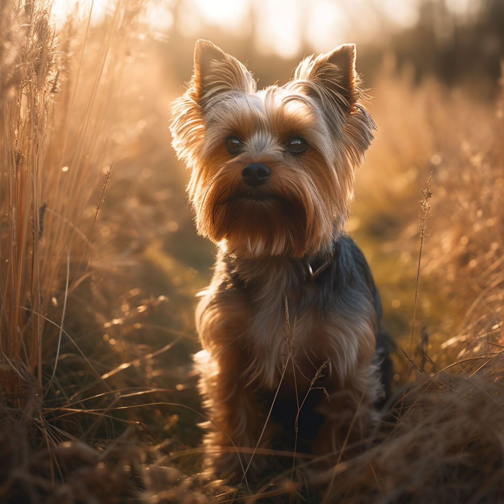 charming yorkie sitting in a field of tall grass