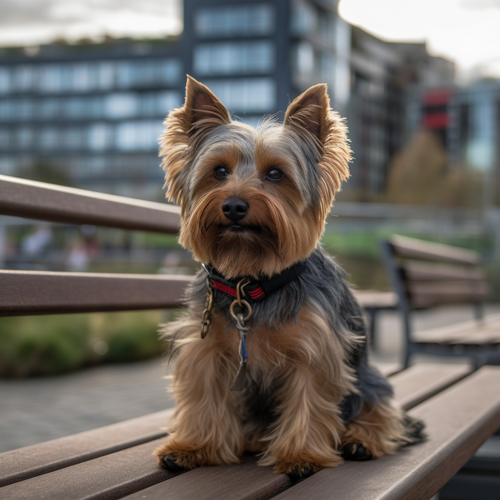 image of a yorkshire terrier sitting on a park bench