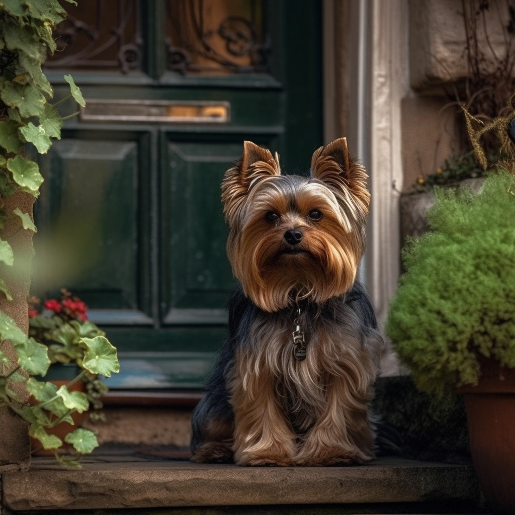 a yorkie dog sitting by the front door