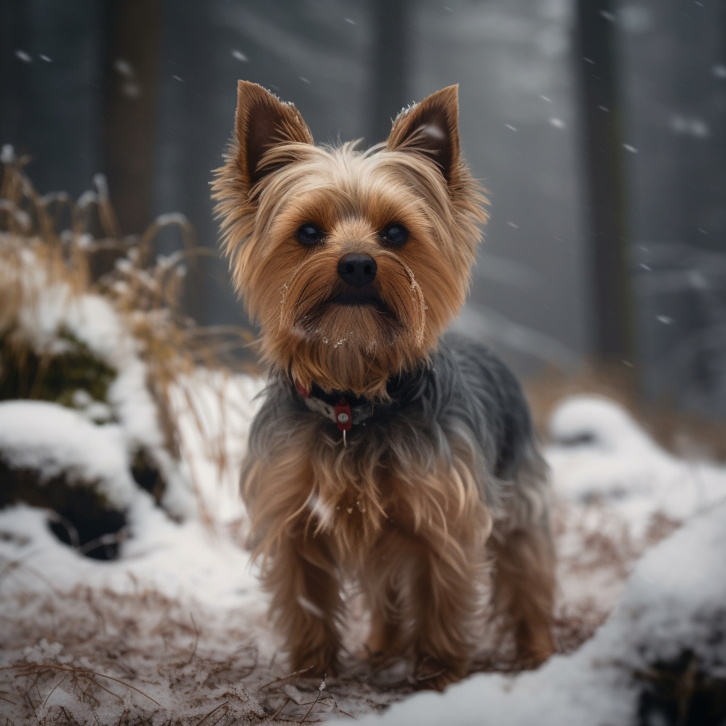 funny yorkie photo playing in the snow