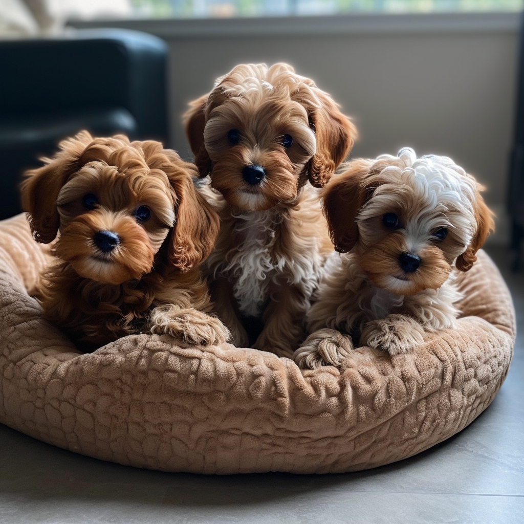 3 cavapoo puppies sharing a dog bed together looking adorable for the camera