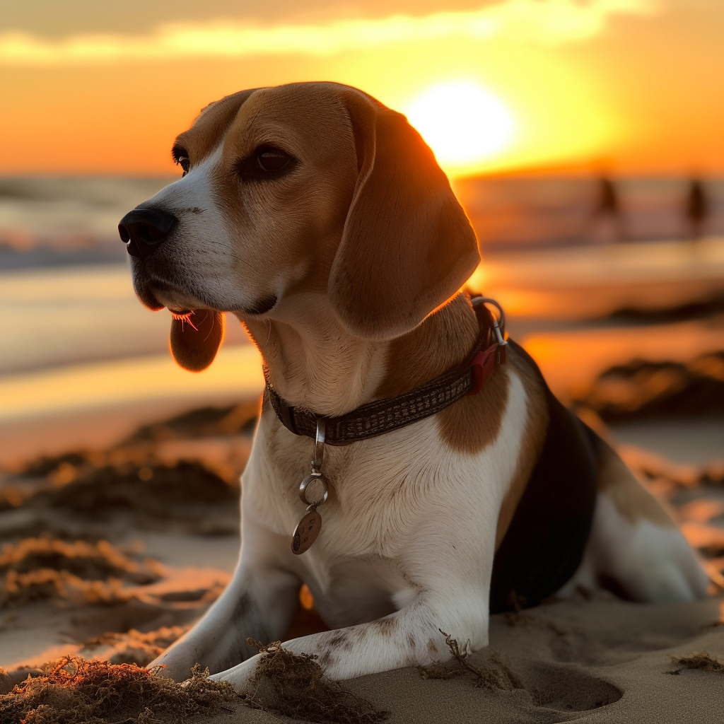 beautiful sunset photo of a Beagle dog laying on the beach