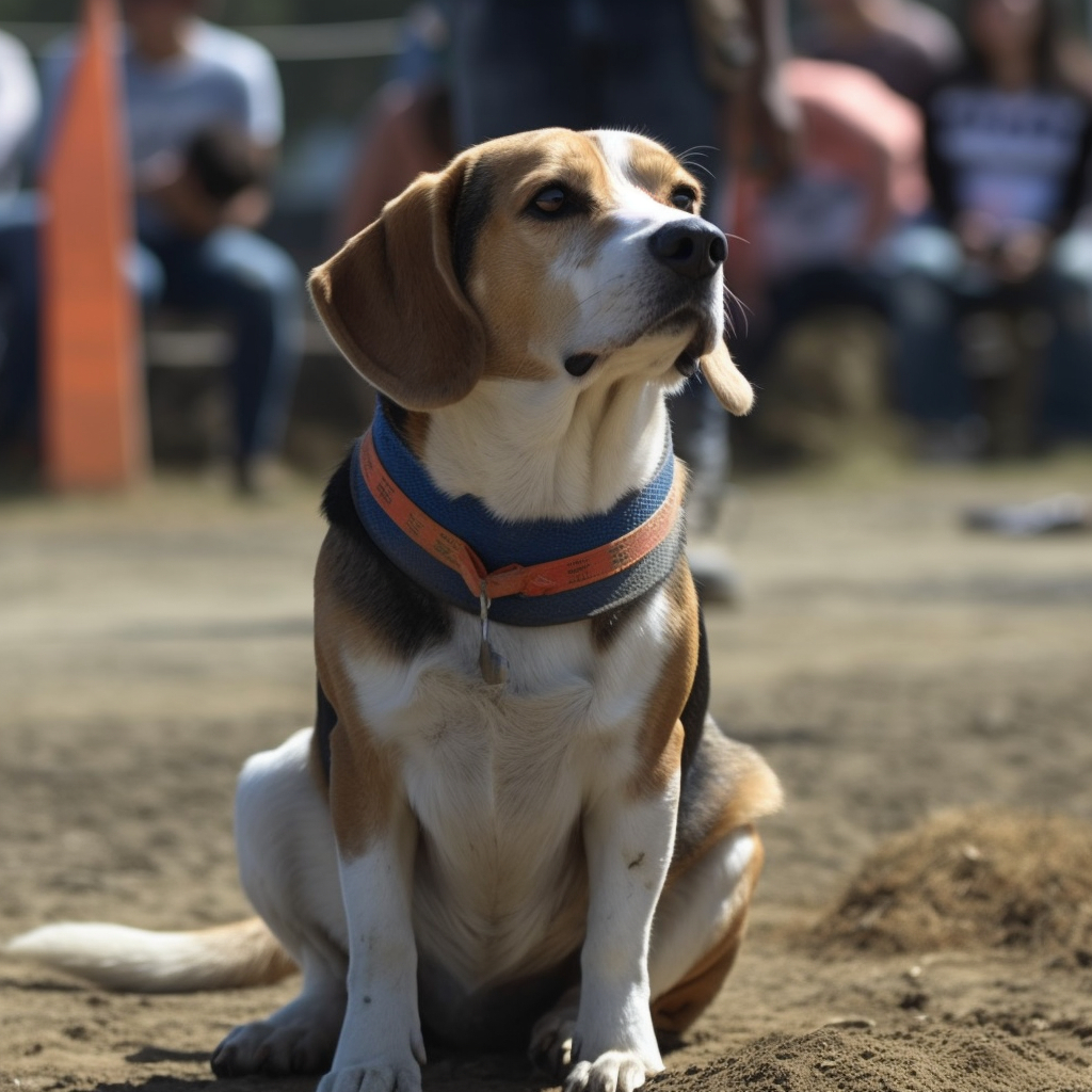 picture of a Beagle at a dog park waiting obediently for a command