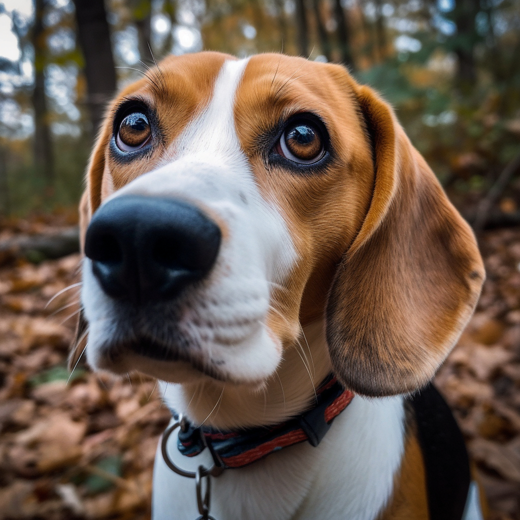 a beagle dog breed posing for an adorable photo in the woods