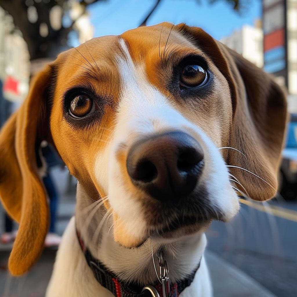 a closeup picture of a Beagle looking right into the camera