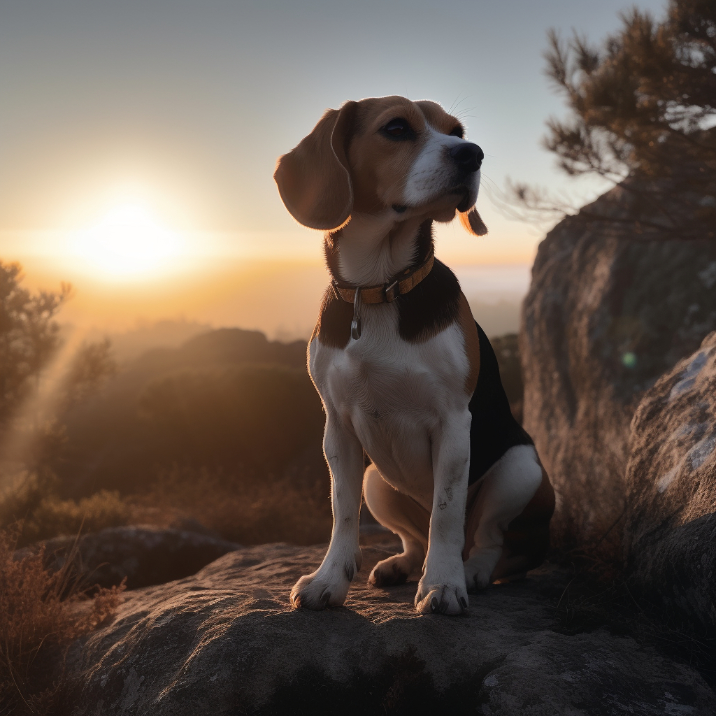 stunning photo of a Beagle up on top of a mountain during sunset, sitting on a rock
