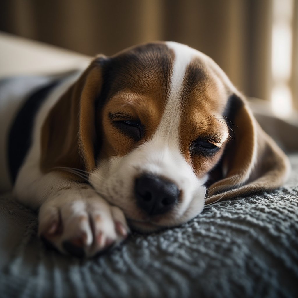 cute Beagle puppy laying on a bed sleeping