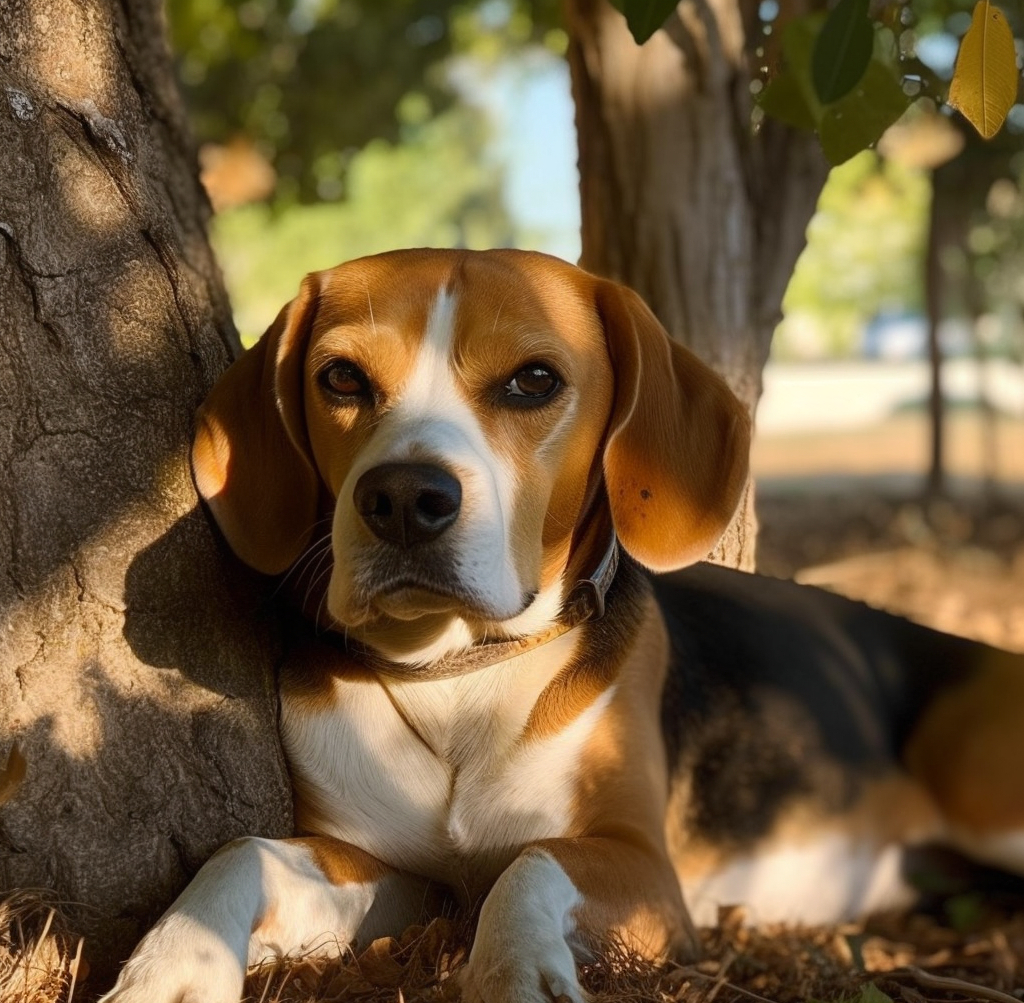 photo of a beagle outside laying by the tree in the back yard
