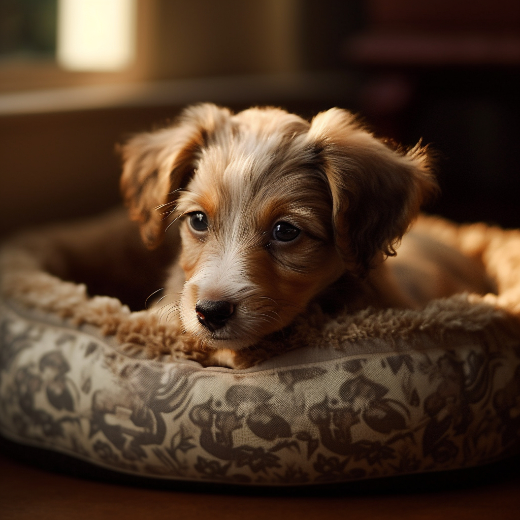 picture of a puppy looking out from his tiny little dog bed