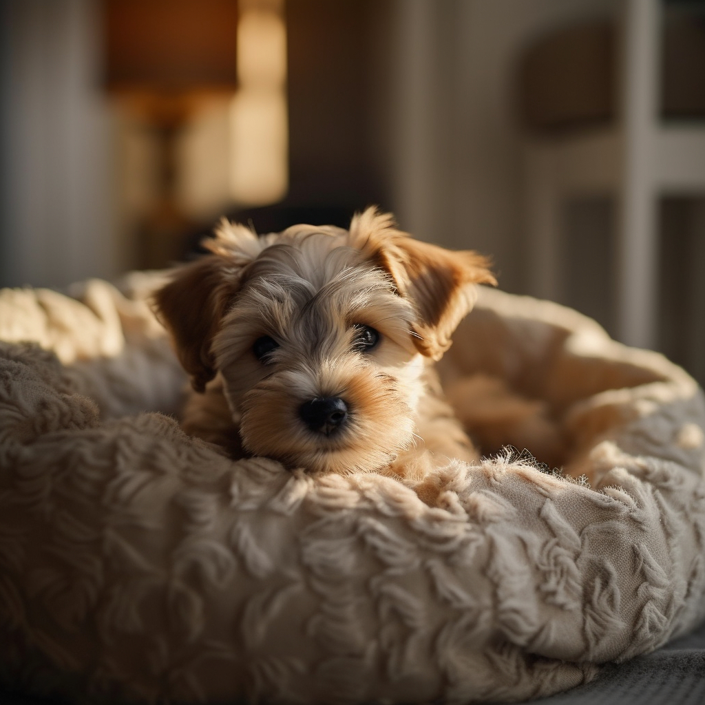 cute puppy laying on a plush dog bed