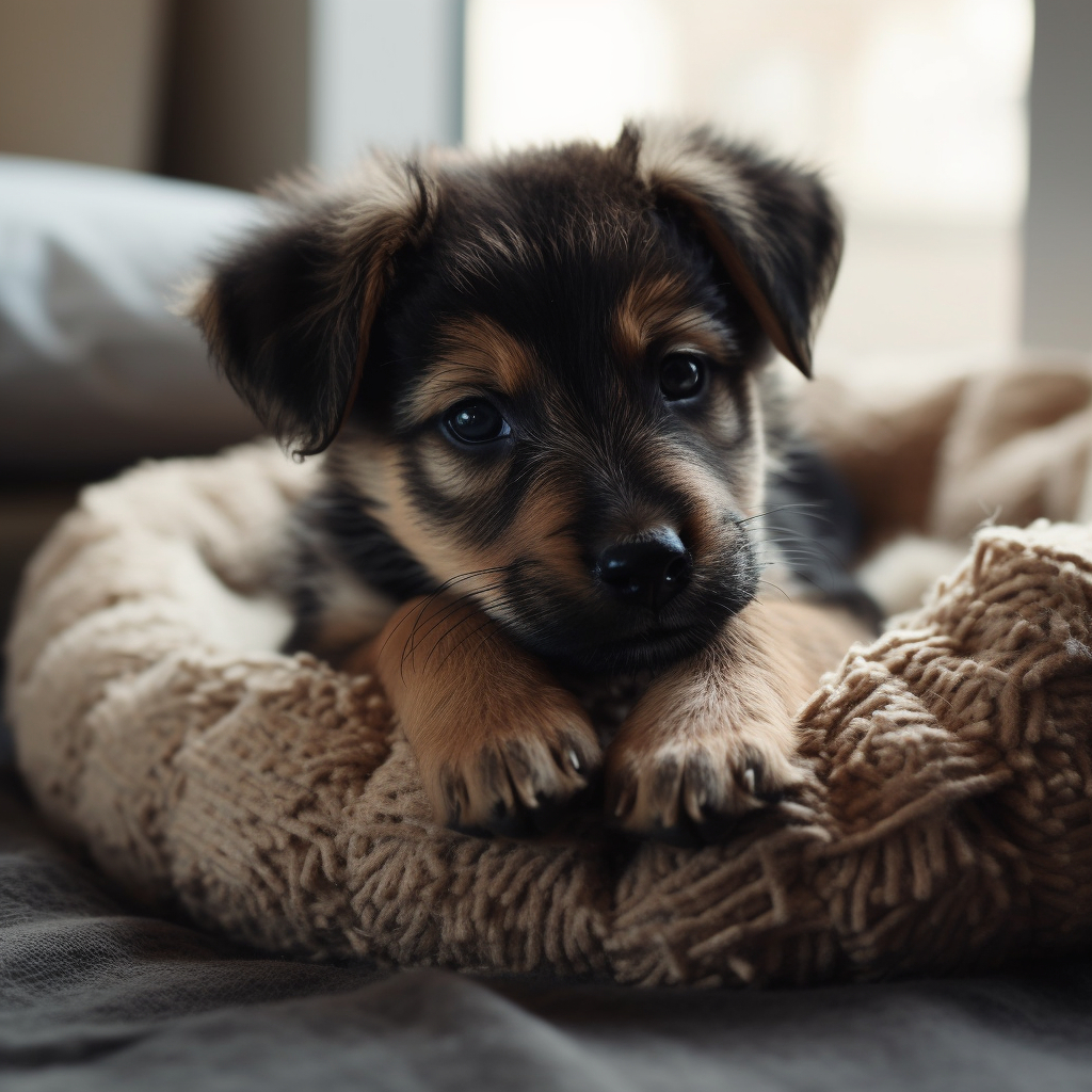 cute german shepherd puppy laying in a small dog bed