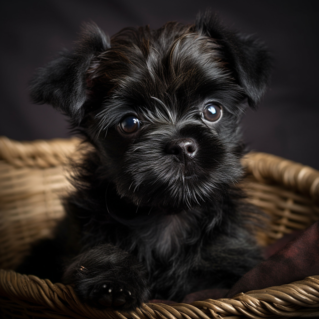 black Pekingese toy dog breed sitting in a basket