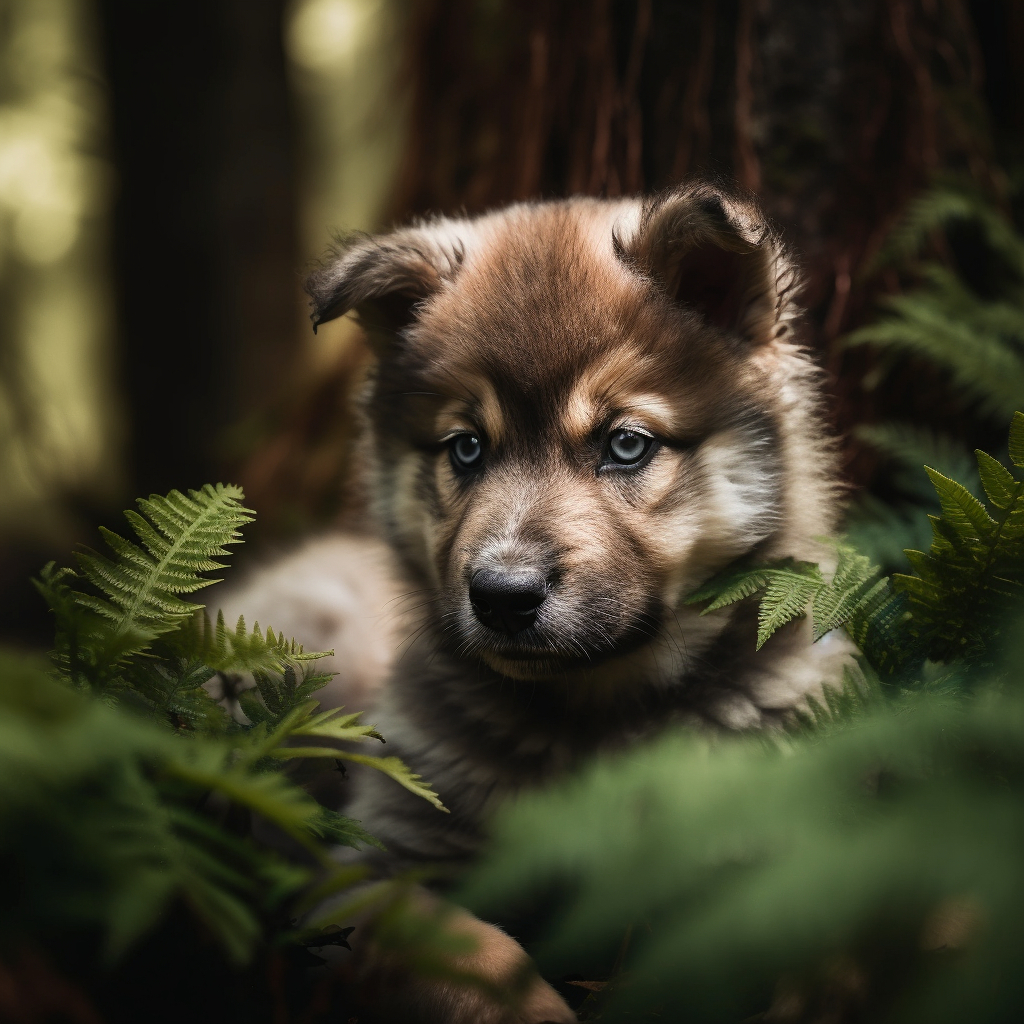 husky puppy laying down in the woods peeking out from some green plants