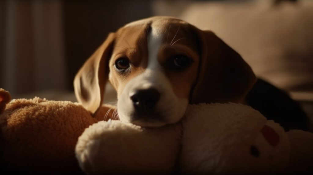 a cute beagle puppy photo in wallpaper resolution laying on a soft animal toy