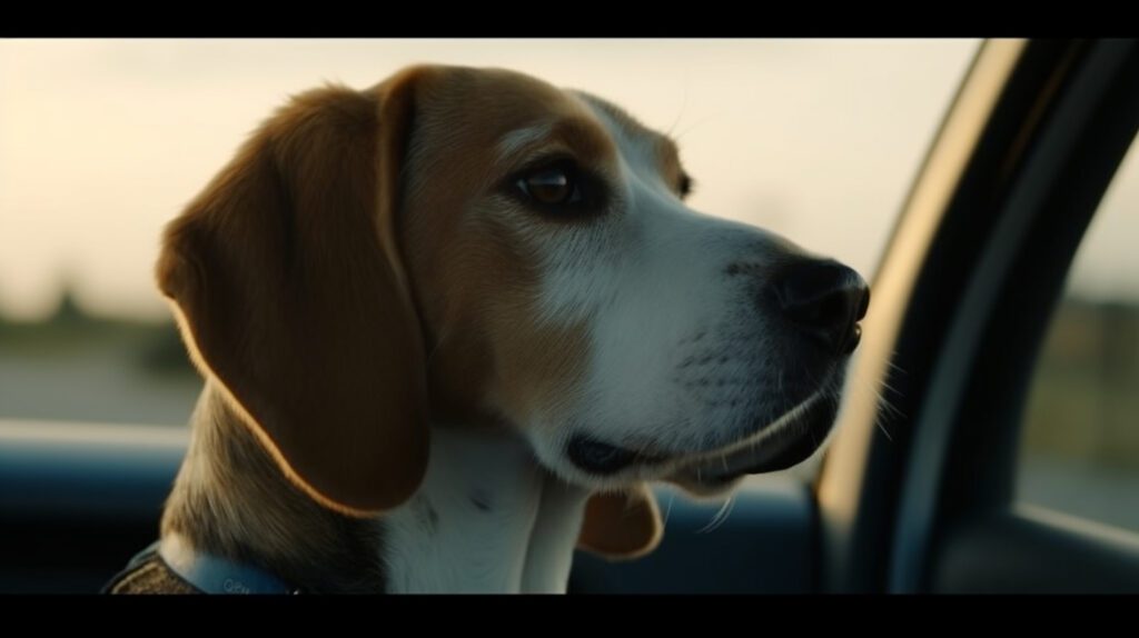 charming photo of a Beagle going for a car ride and looking out the window in a timeless ambience