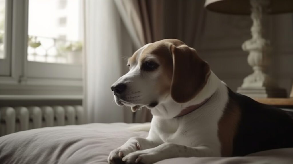 female Beagle laying on top of a bed in a timeless photo wash