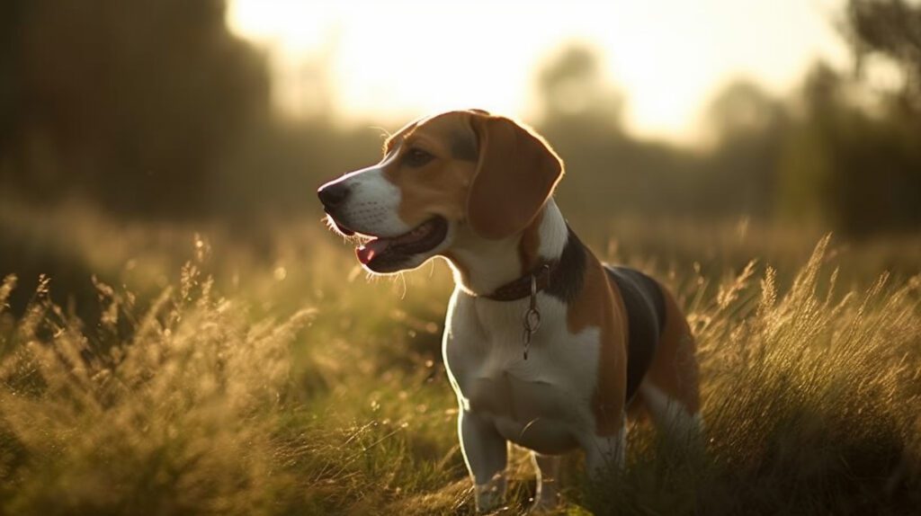 beautiful picture of a Beagle walking through a grassy field as the sun goes down