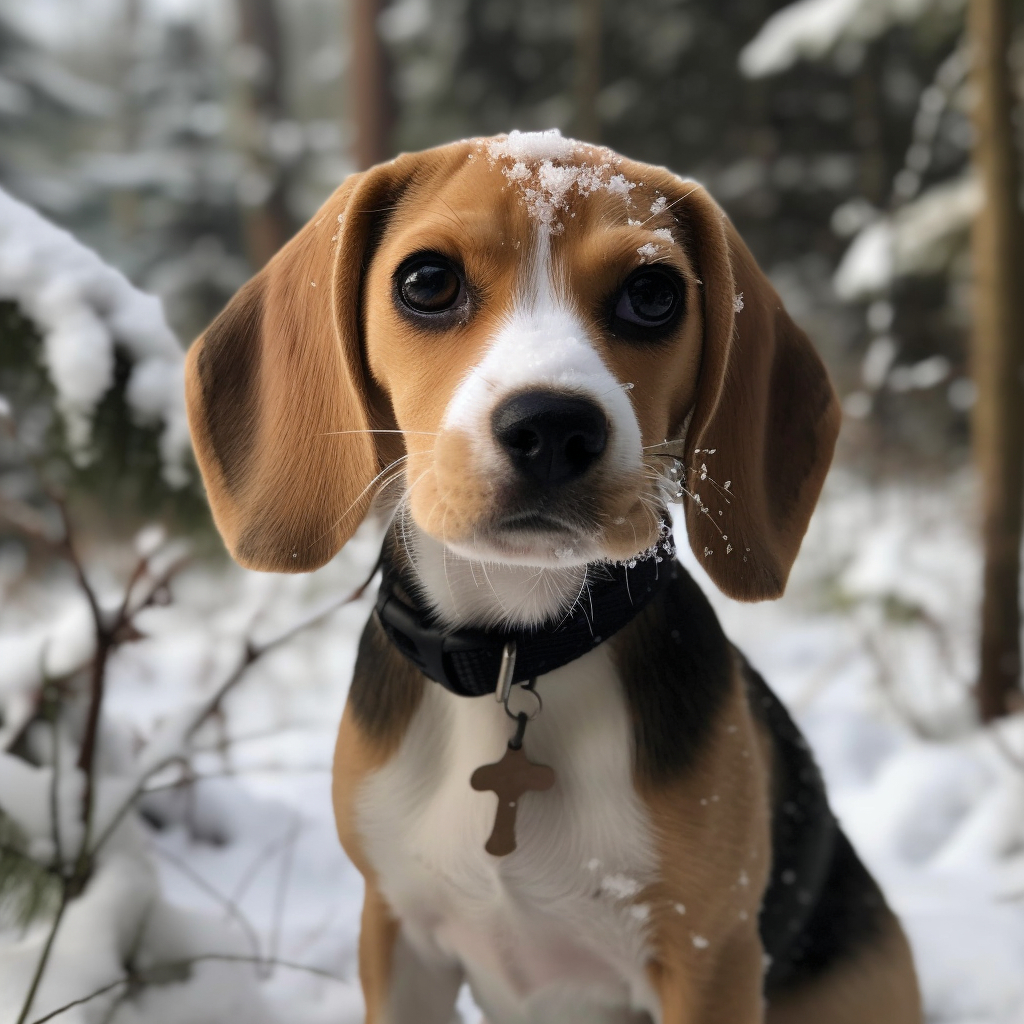 adorable photo of a Beagle puppy playing in the snow