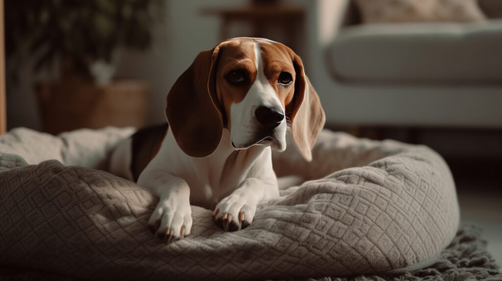 a 4k desktop background image of a beagle dog laying in a cozy dog bed