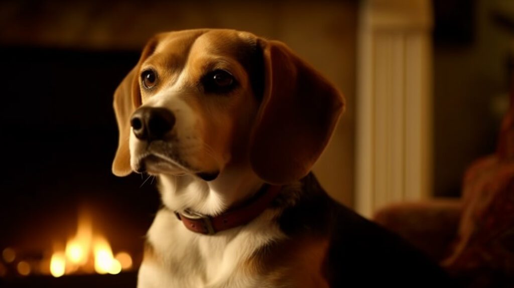Beagle dog posing for an image by the fireplace