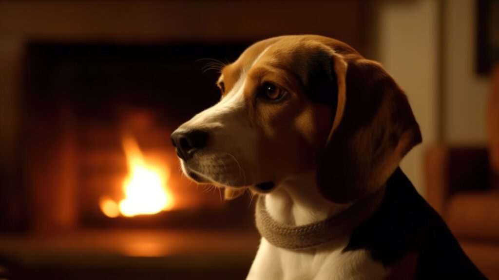 a cute beagle dog sitting in front of a fireplace