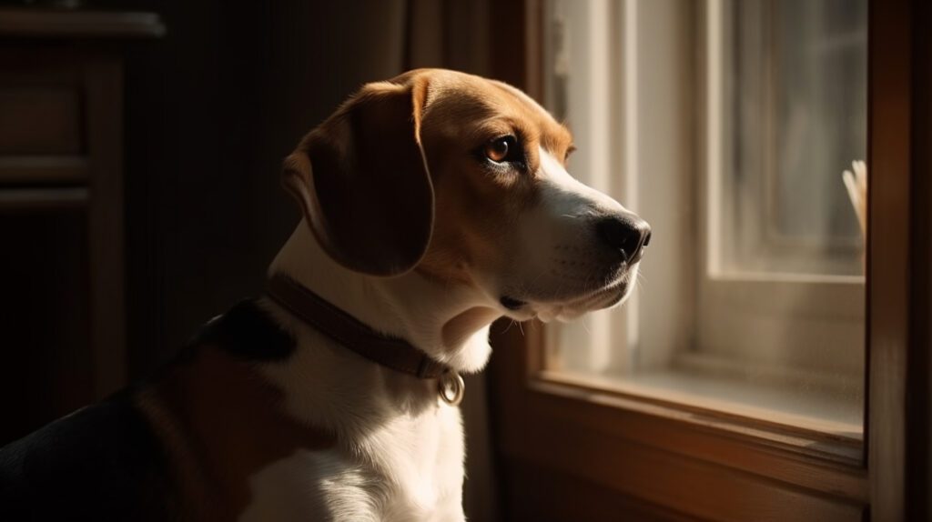 picture of a beagle dog looking out the window