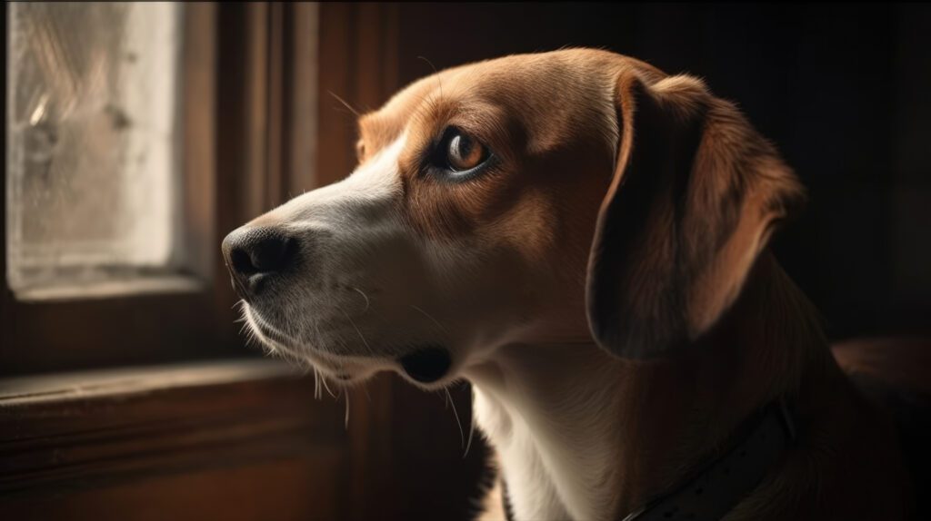 closeup photo of a beagle looking out a window