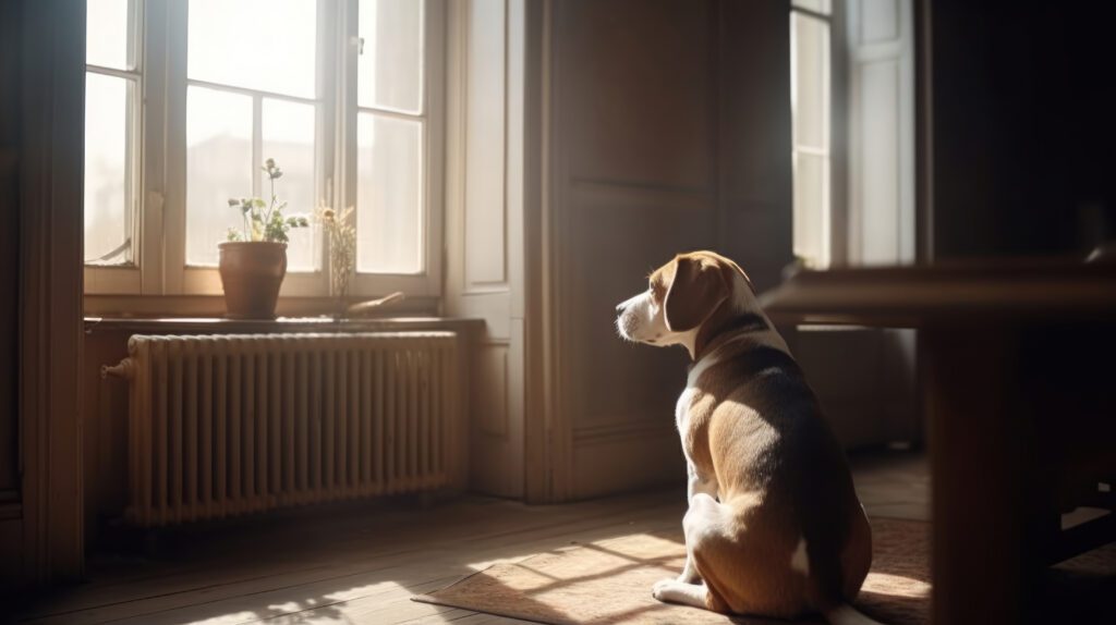 image of a beagle sitting on the floor looking towards the window at a distance in a timeless aesthetic wash