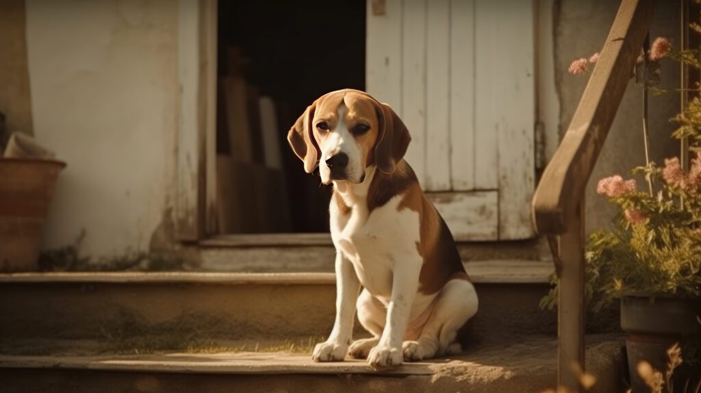 cute photo of a beagle sitting on an old porch