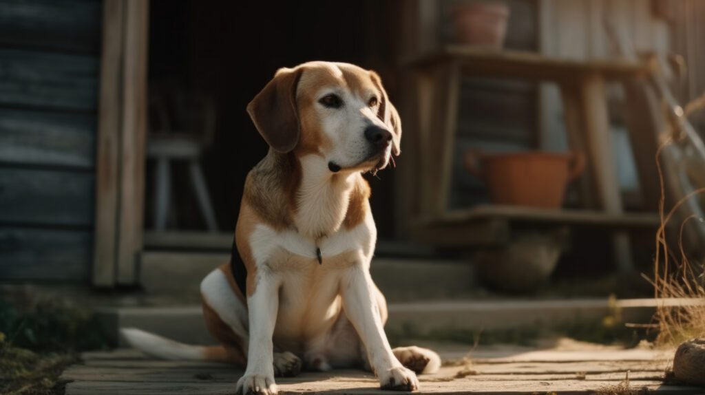 4k hd image of a beagle dog sitting on a wooden porch outside