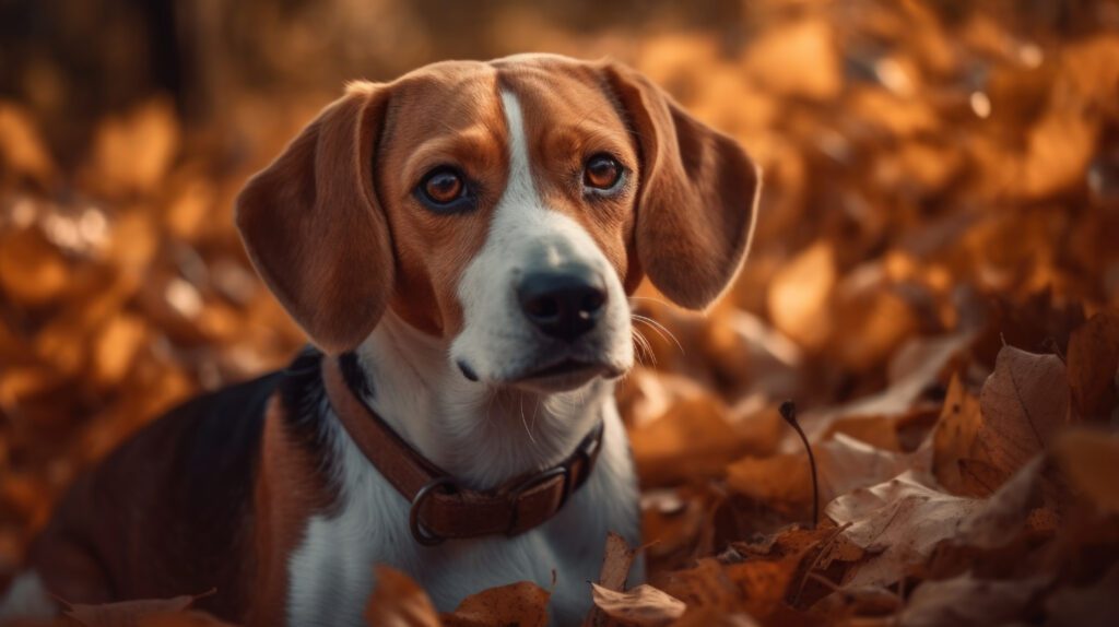 beautiful beagle picture sitting in a pile of fall leaves looking at the camera