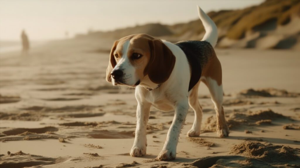 cute beagle walking on the beach with the ocean in the background