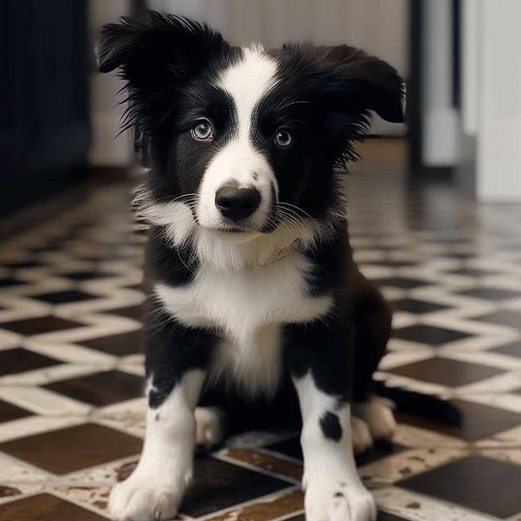 puppy sitting on the kitchen floor looking adorable for the camera