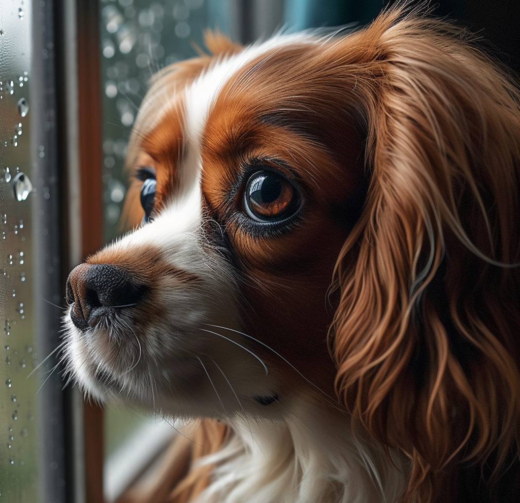 puppy looking out the window on a rainy day