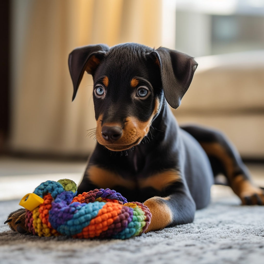 cute dachshund puppy dog playing with a colorful chew toy