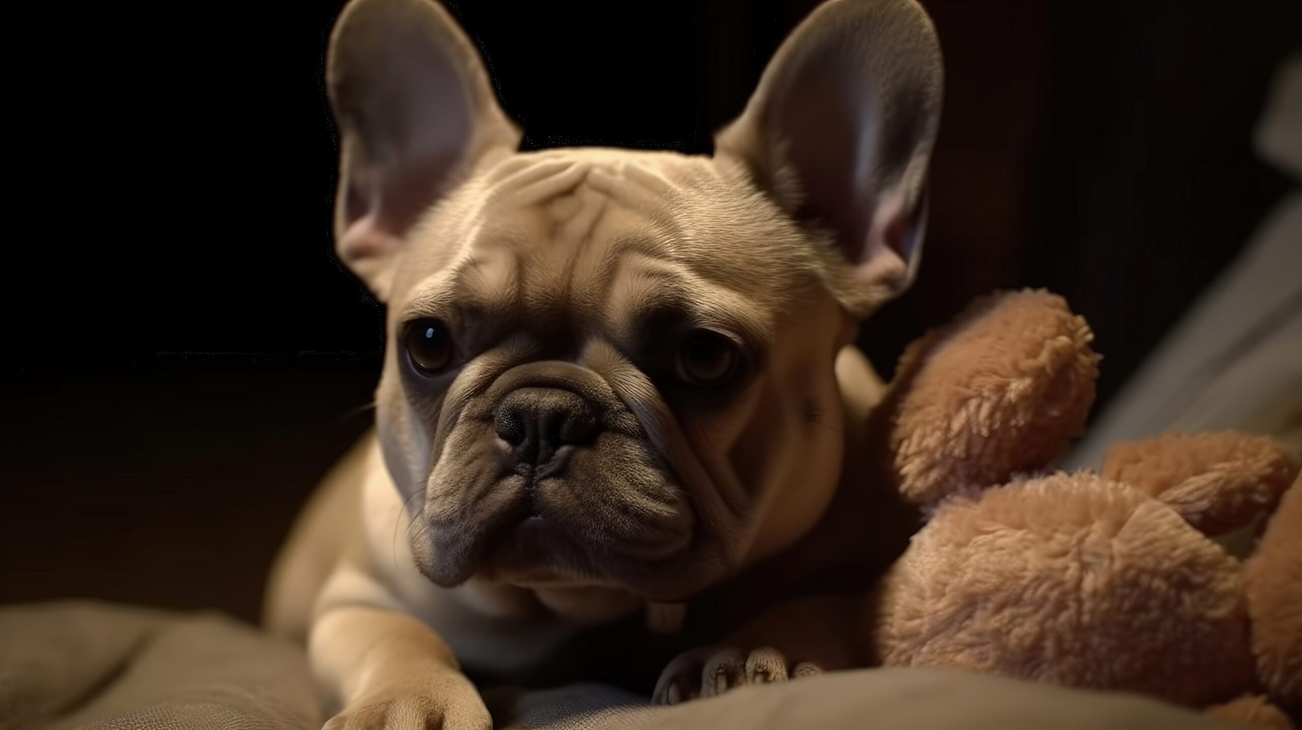 super cute frenchie bulldog laying on a brown bed with a stuffed teddy bear