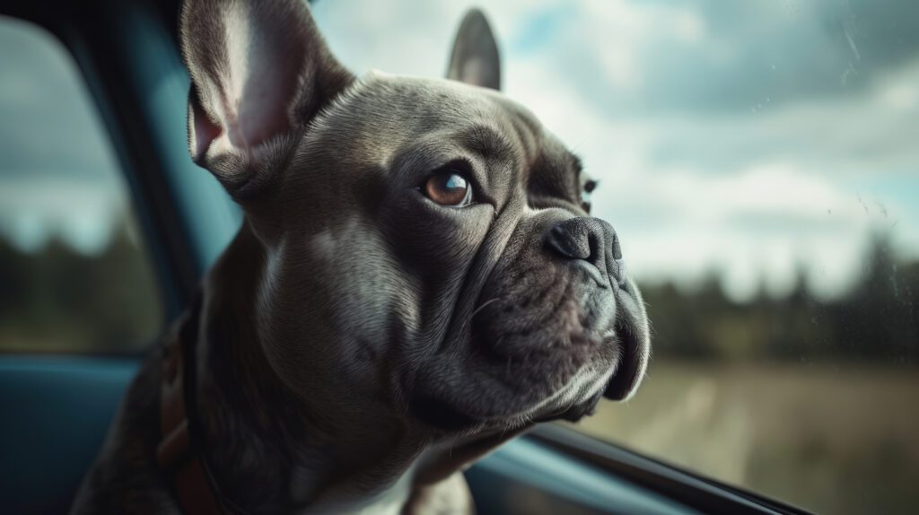 cute image of a french bulldog looking out the car window