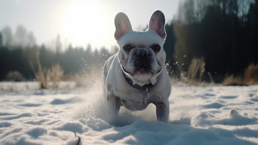 white french bulldog playing in the snow