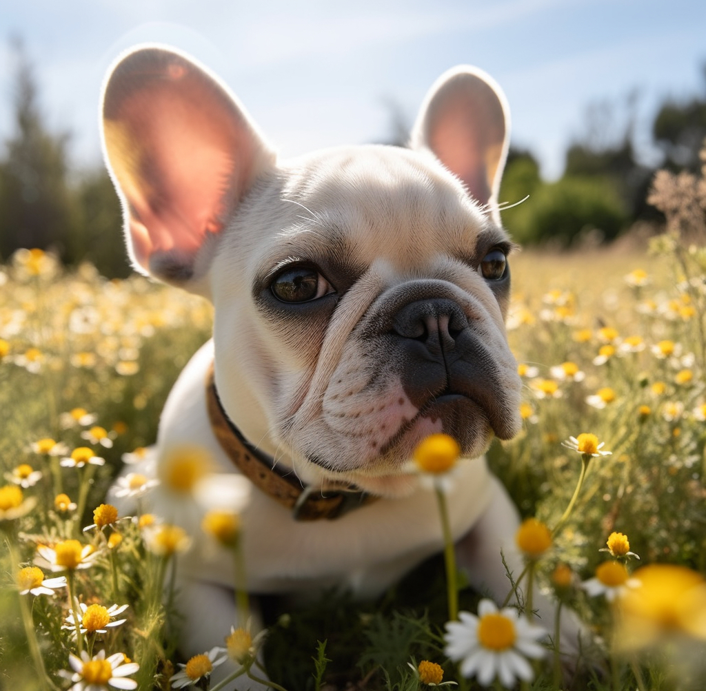 french bulldog playing in a field of flowers and grass
