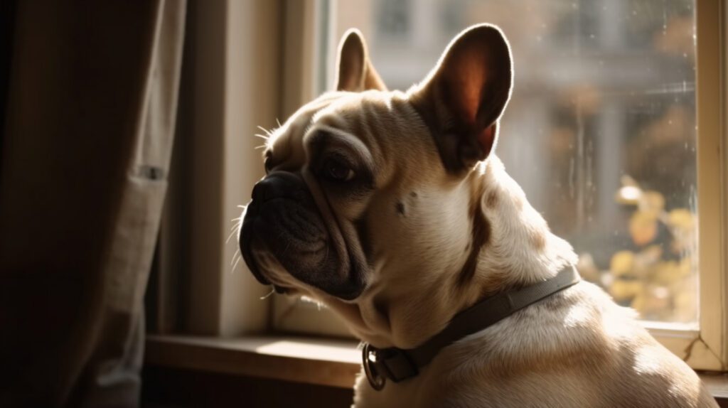charming picture of a french bulldog sitting by the window looking into the room